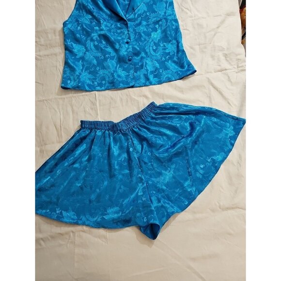 Vintage Victoria's Secret Blue Satin Pajama Lounge Shorts Vest Top size L - Picture 4 of 7